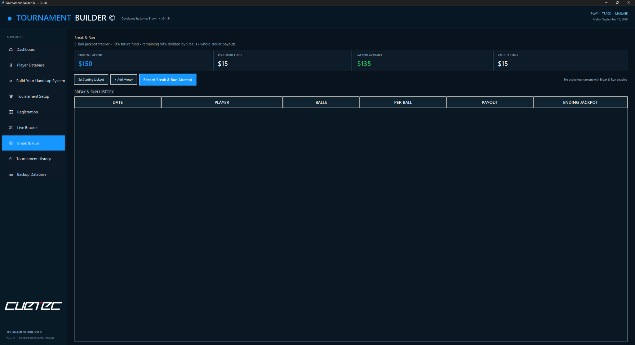 Tournament Builder Break and Run jackpot tracker
