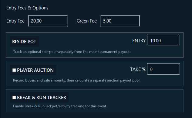 Tournament Builder entry fees and tournament options