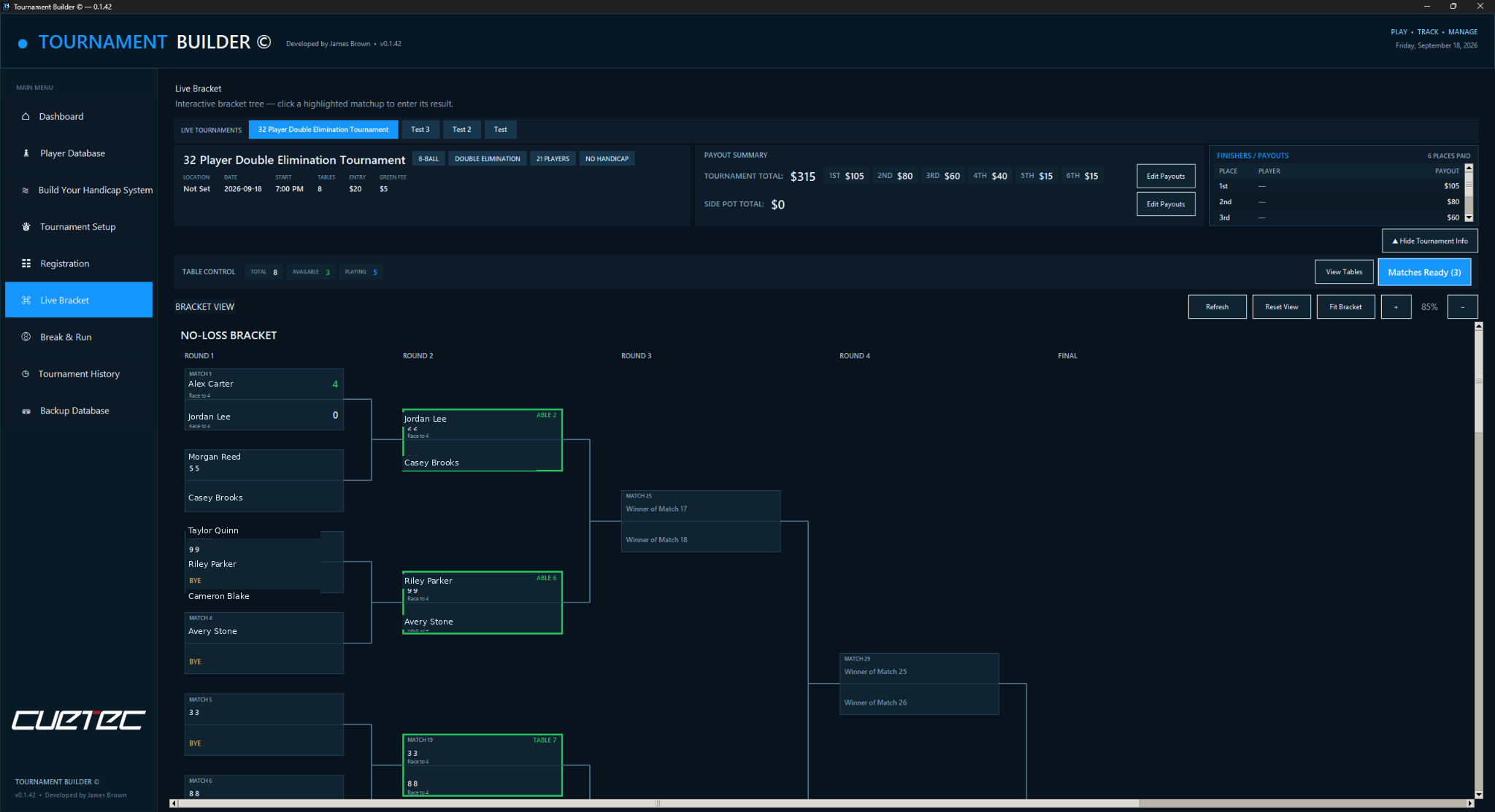 Tournament Builder live double elimination bracket