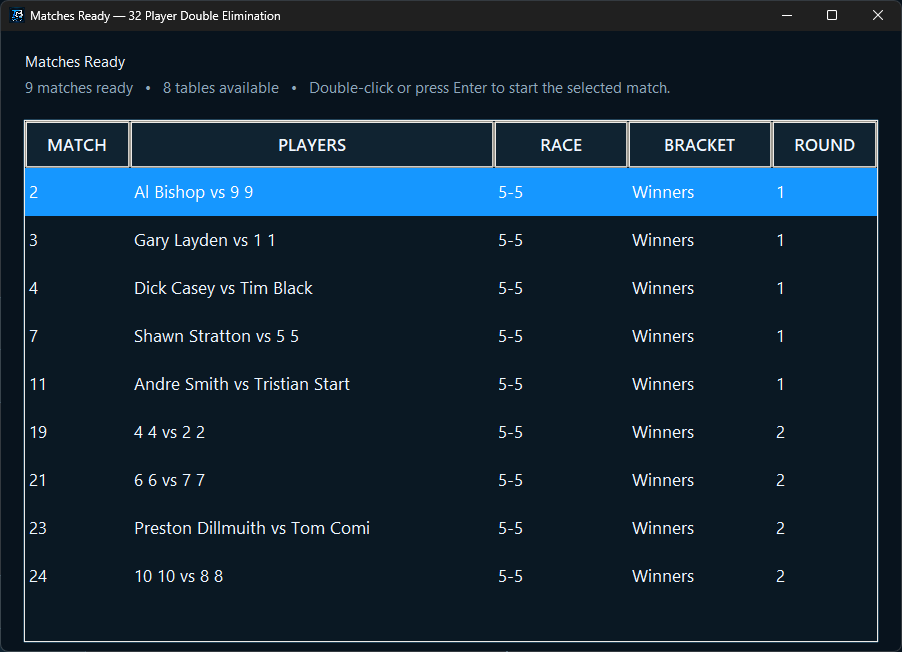 Tournament Builder matches ready