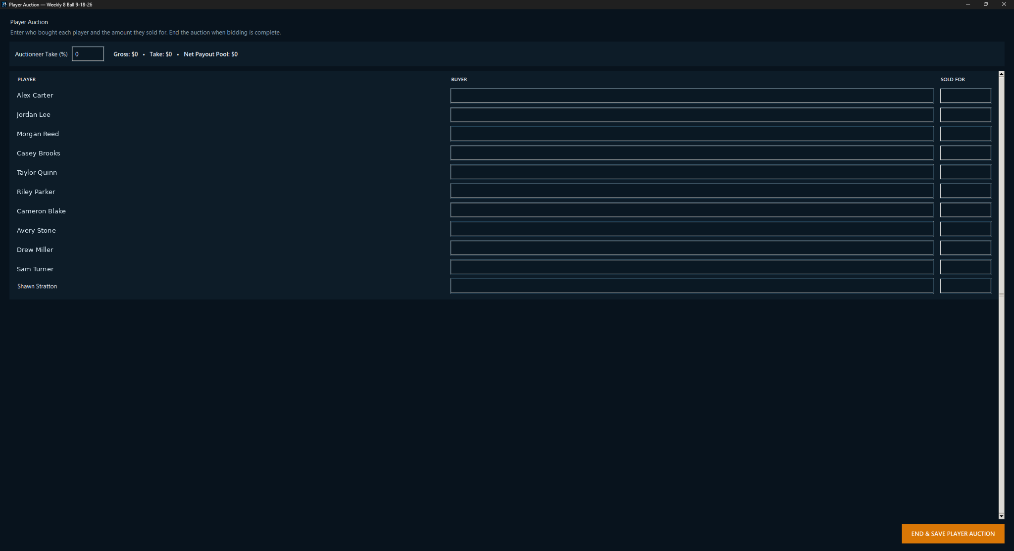 Tournament Builder player auction