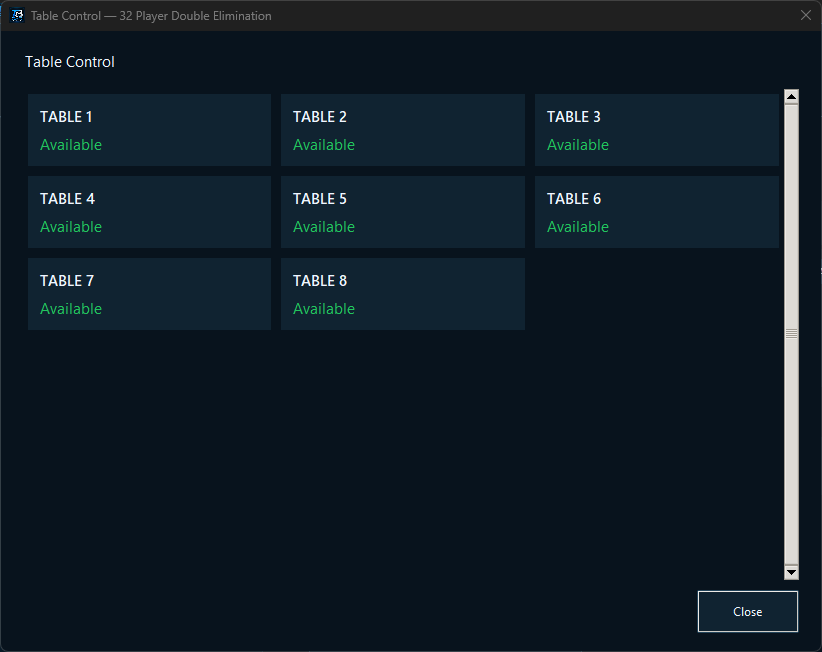 Tournament Builder table control screen