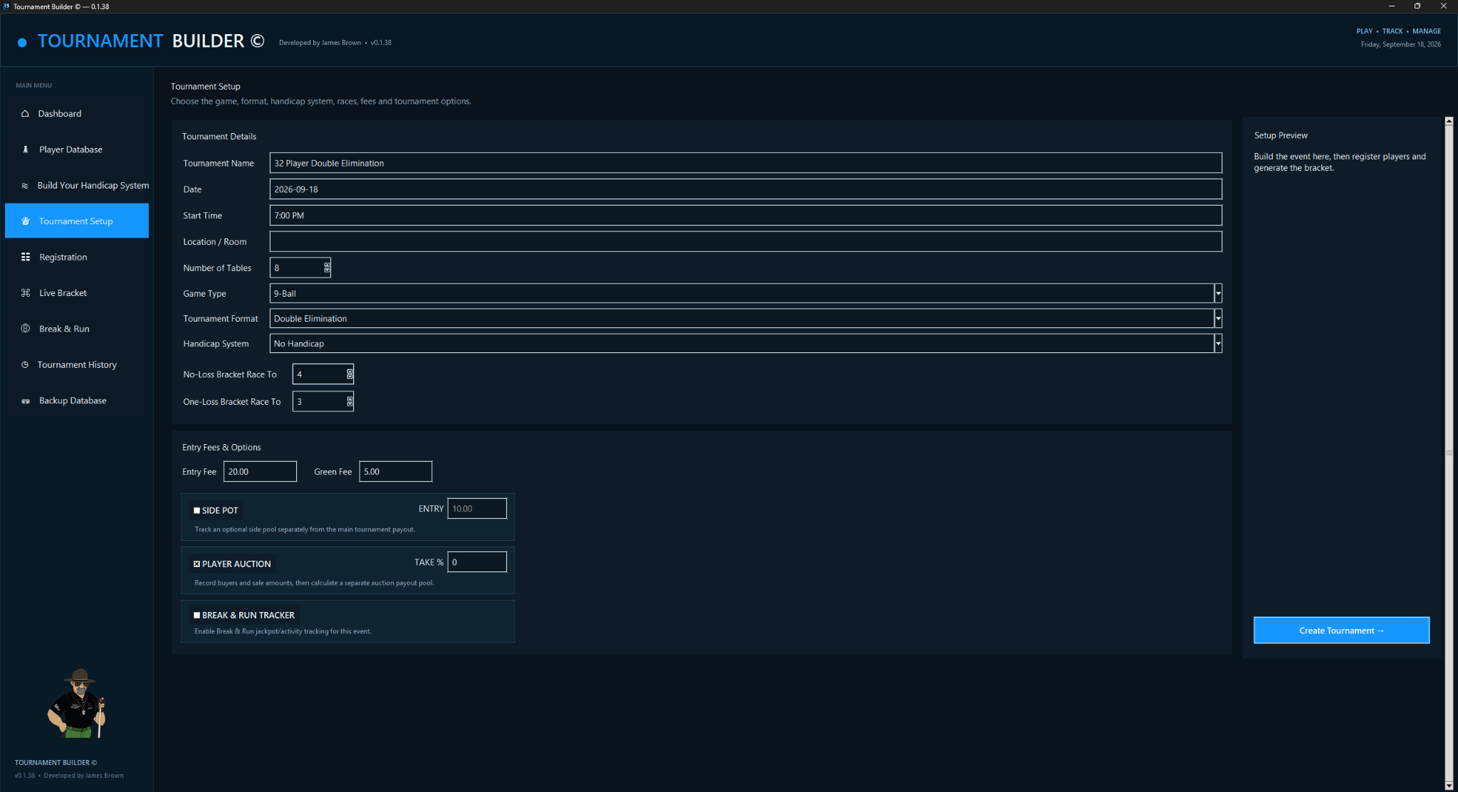Tournament Builder tournament setup screen